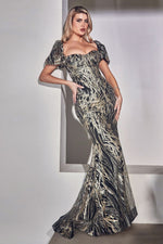 Glitter Printed Gown With Puff Sleeves - Farnelli