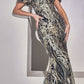 Ladivine J833 Long Glitter Printed Gown with Off Shoulder Puff Sleeves