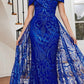 Ladivine J836 Long Off the Shoulder Lace Gown with Over Skirt