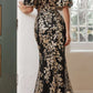Ladivine J844 Strapless Glitter Floral Print Gown with Detachable Puff Sleeves