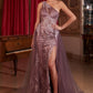 Ladivine J869 Long Fitted Tulle One Shoulder Strap Illusion Neck Gown