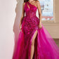 Ladivine J869 Long Fitted Tulle One Shoulder Strap Illusion Neck Gown