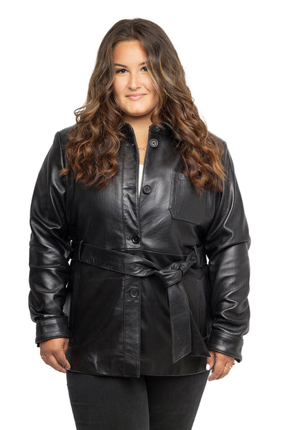 Janely women's fashion leather jacket by Whet Blu NYC, close-up view of textured leather and front closure