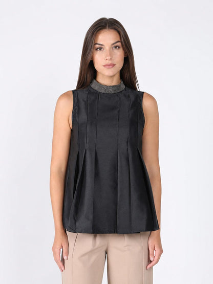 Gracia Fashion Women's Jeweled High Neck Pleated Sleeveless Top