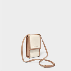 KADOU BOUTIQUE Amalfi Canvas Crossbody Cell Bag with adjustable strap and compact design, perfect for carrying essentials.
