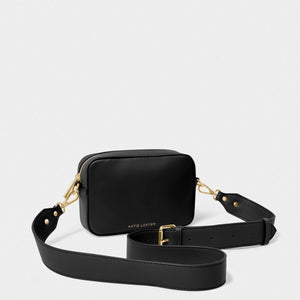 Black Zana Mini Crossbody Bag by KADOU BOUTIQUE with adjustable strap and compact design, perfect for everyday use.