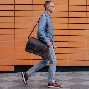 Large buffalo leather messenger bag from Classy Leather Bags, featuring a spacious crossbody design with durable craftsmanship.