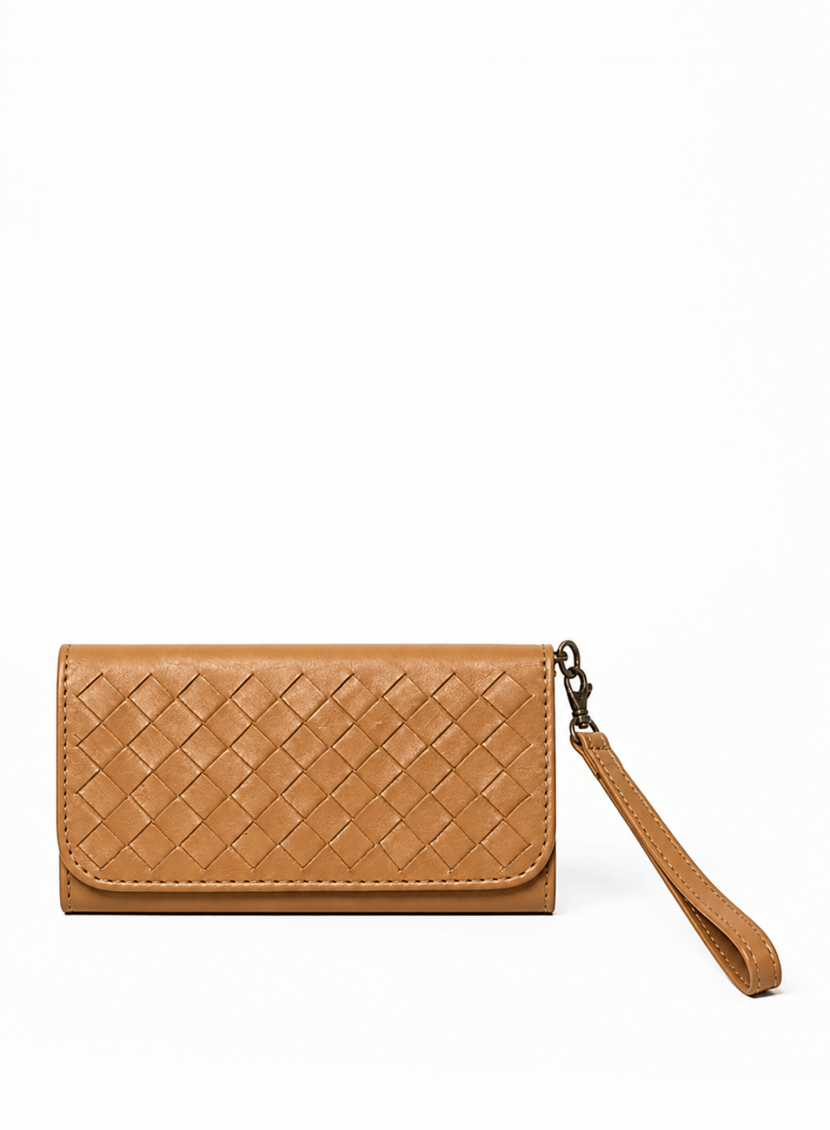 Deux Mains woven latte wristlet wallet with zip closure and compact design
