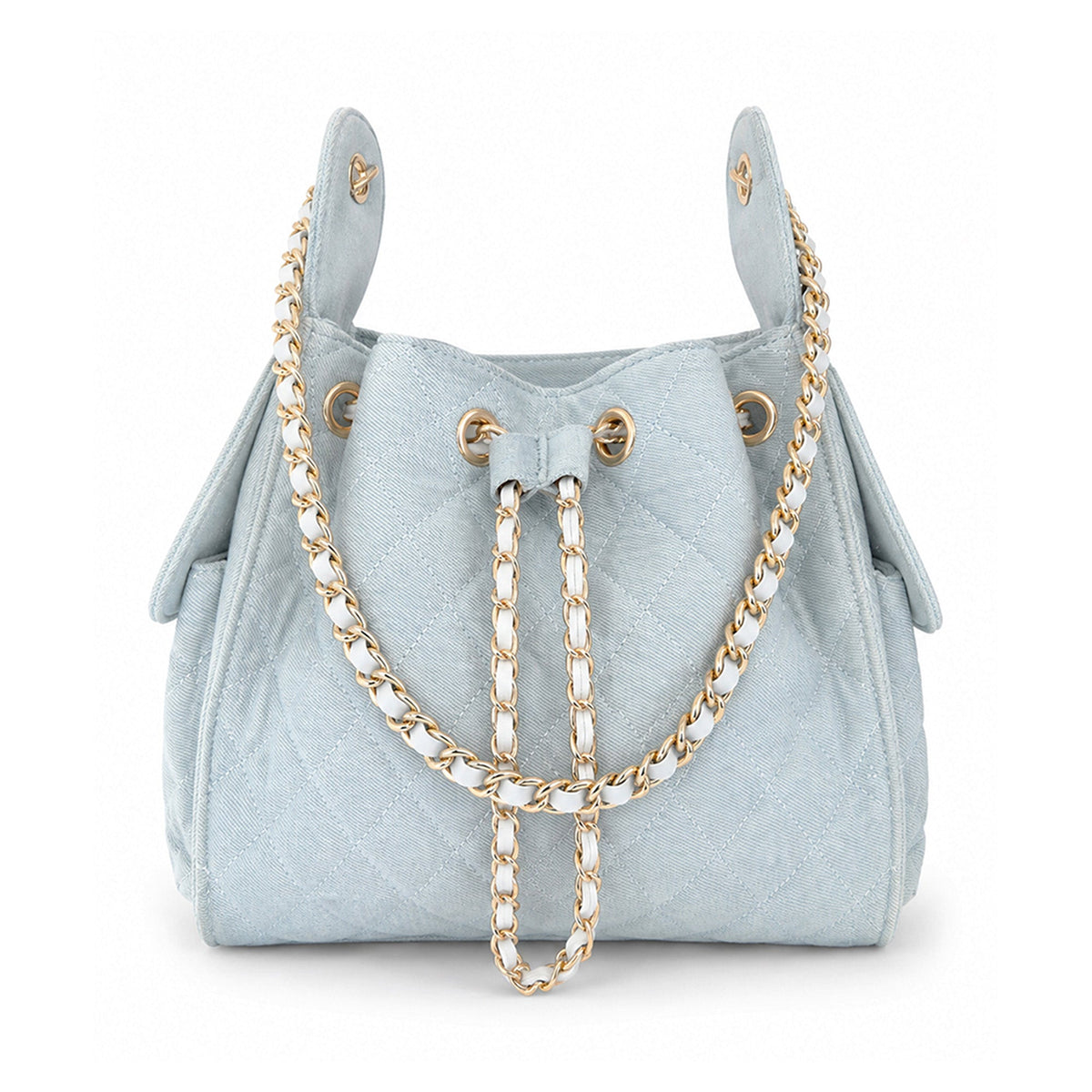 BEACH HAUS Bayshore Bucket Small in light wash denim, structured bucket bag with rounded silhouette