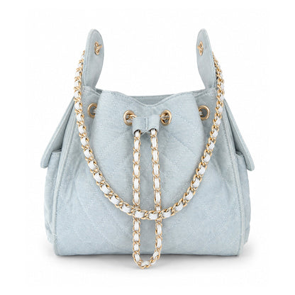 BEACH HAUS Bayshore Bucket Small in light wash denim, structured bucket bag with rounded silhouette