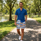 Capelle Miami Line Rush Ocean and Sol Hybrid swim trunks with vibrant print, compression lining, suitable for swim and resort wear.