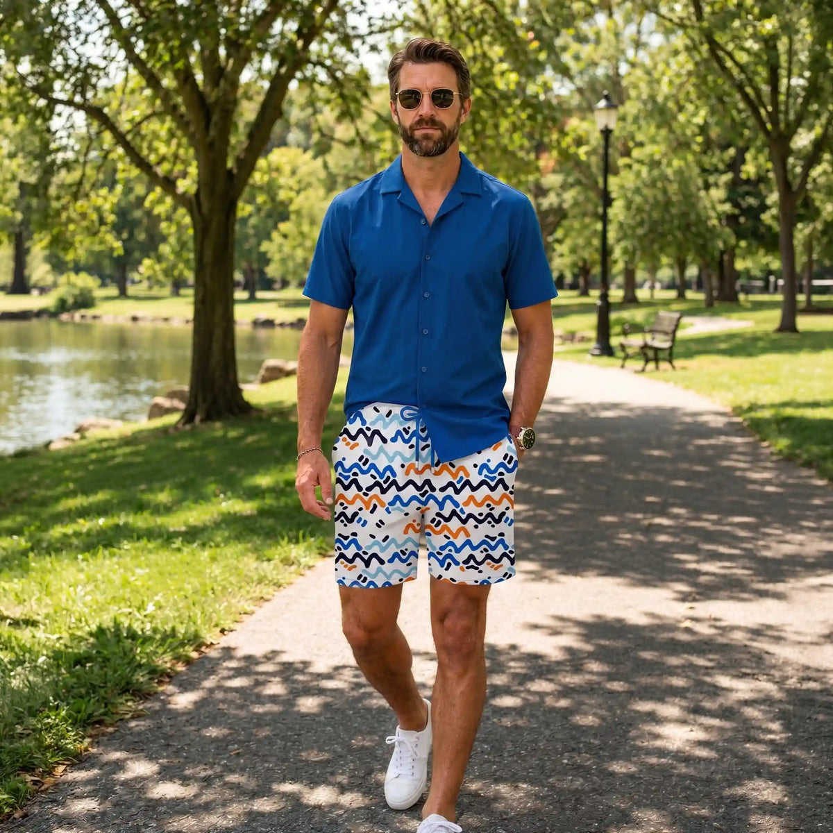 Capelle Miami Line Rush Ocean and Sol Hybrid swim trunks with vibrant print, compression lining, suitable for swim and resort wear.