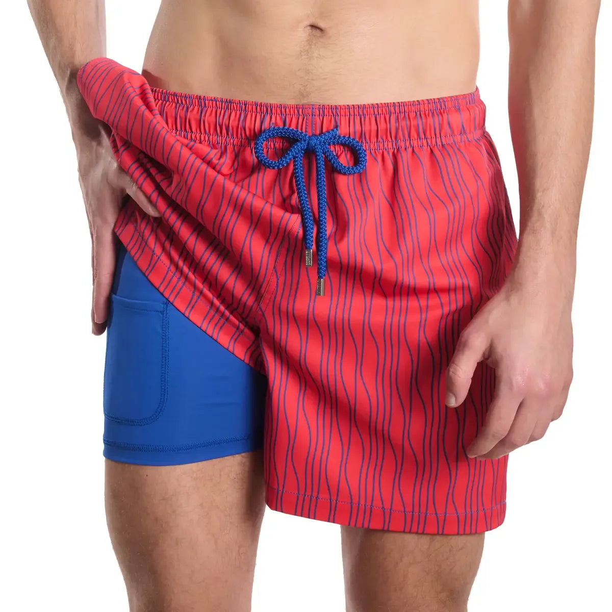 Capelle Miami Linear Drift Blaze and Harbor hybrid swim trunks with vibrant print, featuring a compression-lined design for swim and resort wear.