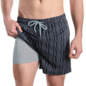 Capelle Miami Linear Drift Storm and Fog hybrid swim trunks with printed design, compression-lined for comfort and style.