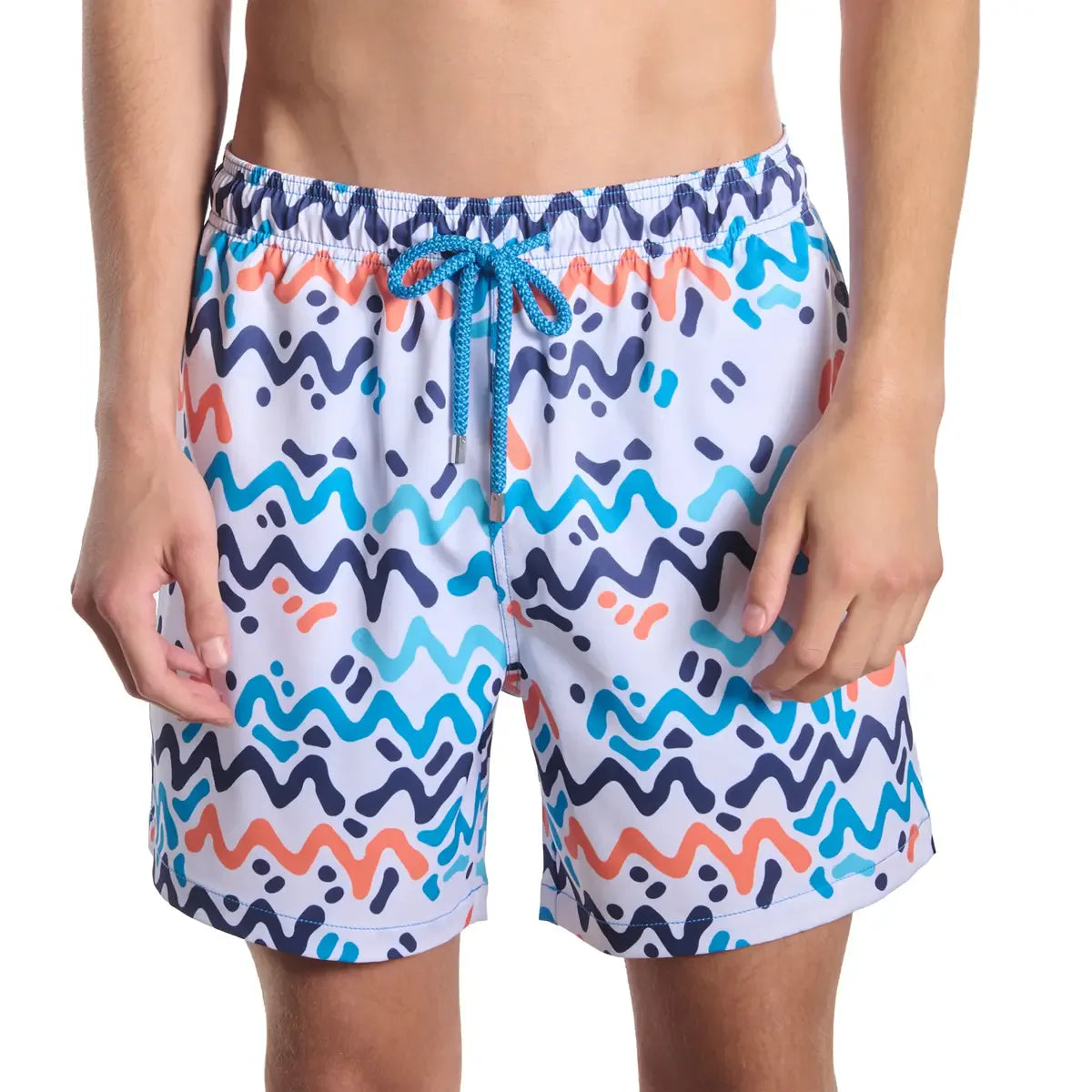 Capelle Miami Line Rush Ocean and Sol hybrid swim trunks with printed design, featuring compression liner, front view.