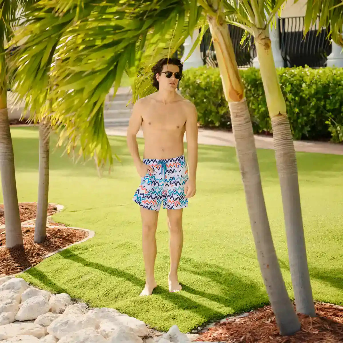 Capelle Miami Line Rush Ocean and Sol hybrid swim trunks with compression lining, featuring vibrant printed design for beach and resort wear.