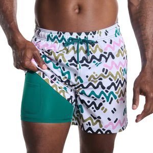 Capelle Miami Line Rush orchid and kelp hybrid swim trunks with compression lining and vibrant print design.