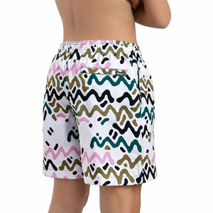 Back view of Capelle Miami Line Rush Orchid and Kelp Boys hybrid swim and play trunks, featuring vibrant floral and kelp pattern.