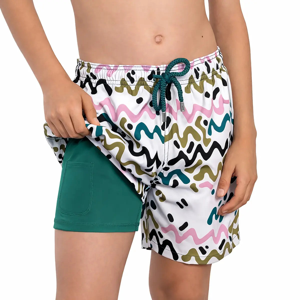 Capelle Miami Line Rush Boys hybrid swim and play trunks in orchid and kelp color with a sporty design and elastic waistband.