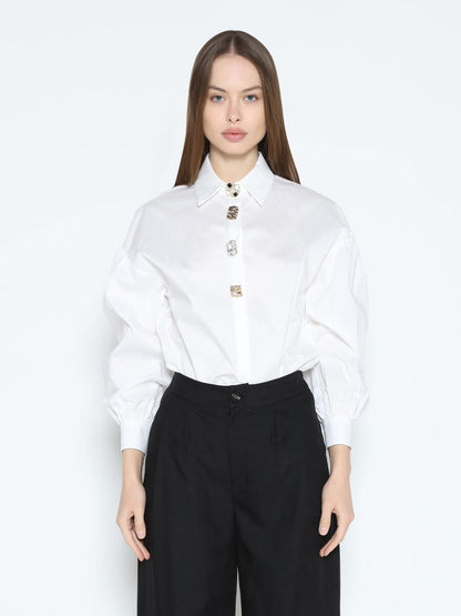 Gracia Fashion Women's Long Puff Sleeve Button Detail Cotton Shirt