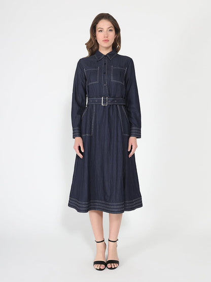 Gracia Fashion Women's Long sleeve contrast stitch denim midi dress