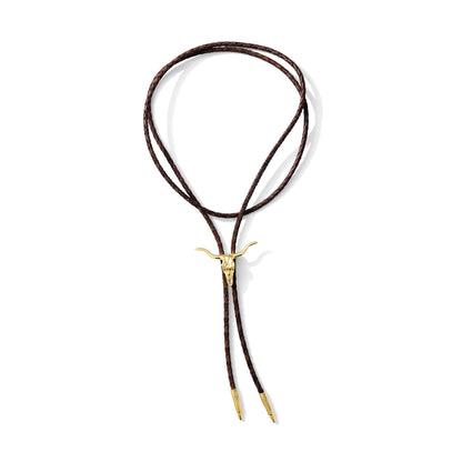 Longhorn Bolo Tie | 14k Gold Plated Western Bolo Tie with Dark Brown Cord