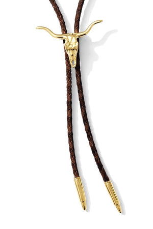 Longhorn Bolo Tie | 14k Gold Plated Western Bolo Tie with Dark Brown Cord