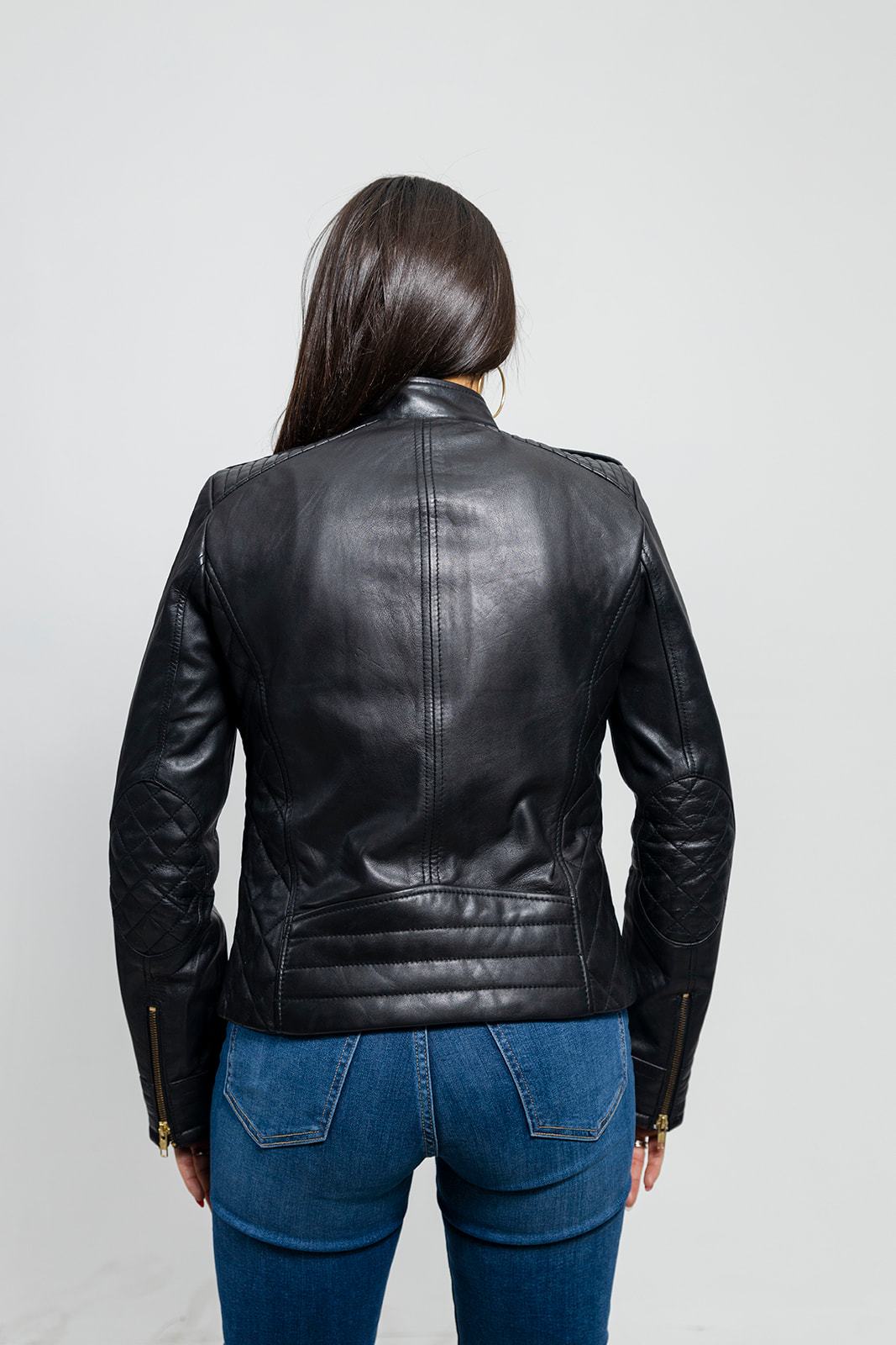 Alessandra women's lambskin moto jacket by Whet Blu NYC, back view with tailored leather design
