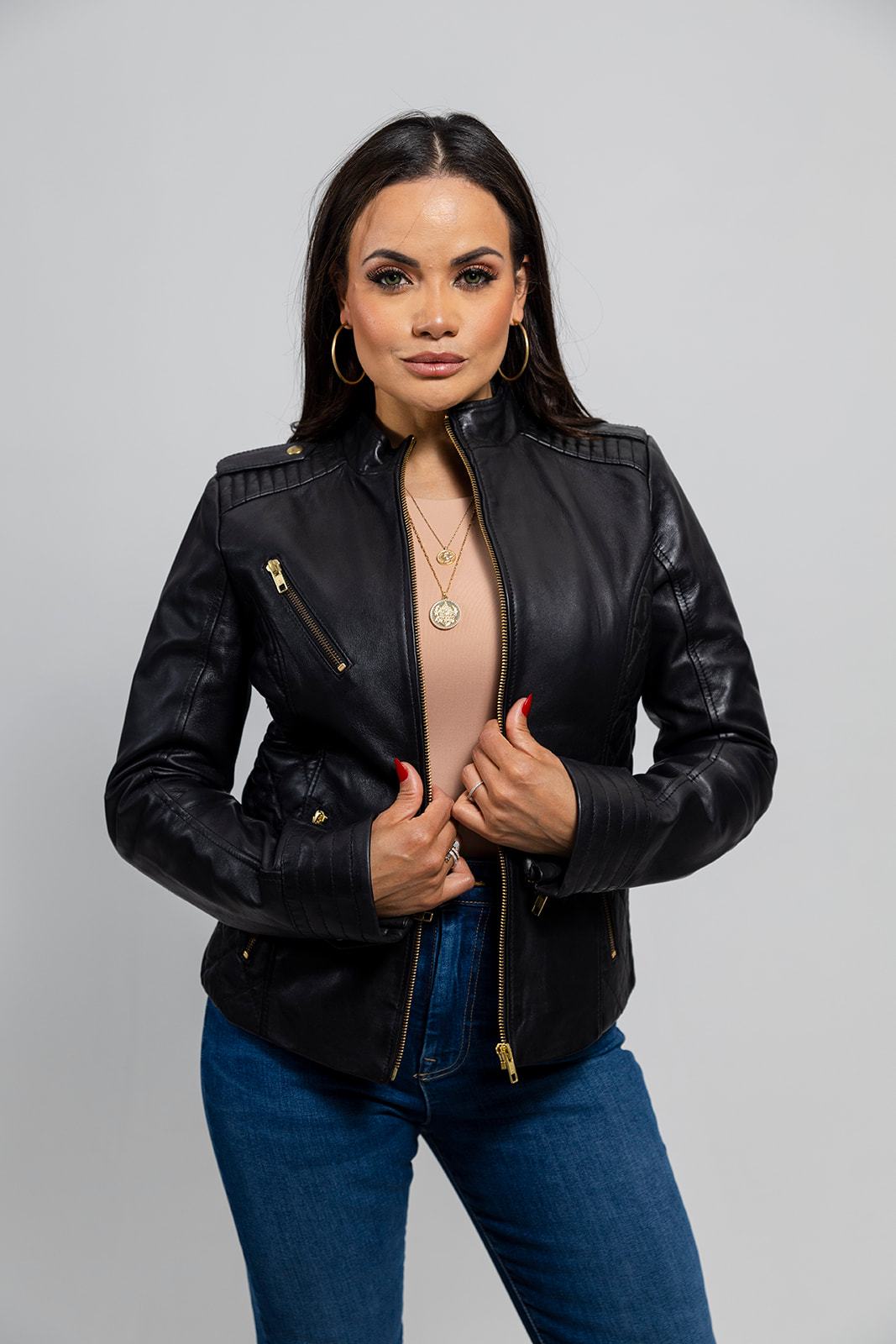 Whet Blu NYC Alessandra women's lambskin moto leather jacket, stylish front view