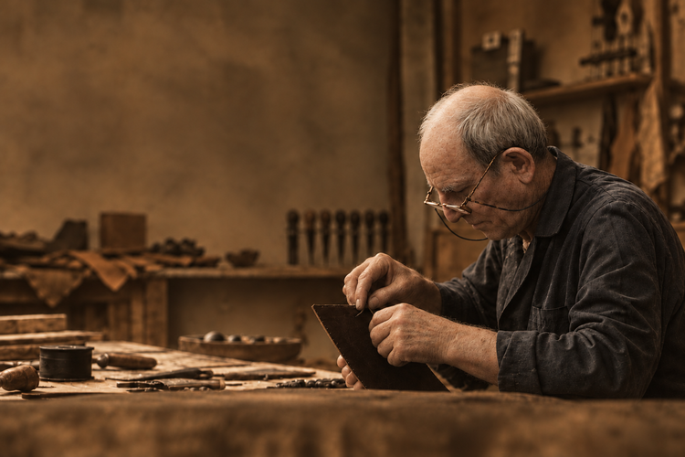 Male artisan with more natural skin, keeping the previous colors and framing