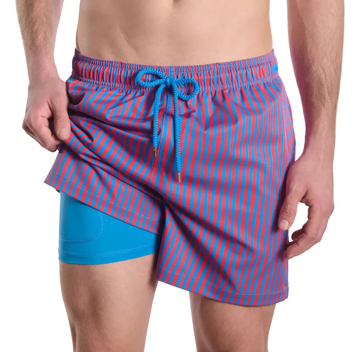 Capelle Miami Marina Pinstripe Blaze and Tide Hybrid swim trunks with compression lining, featuring stylish print design.