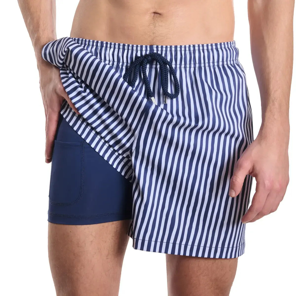 Capelle Miami Marina Pinstripe Indigo and Surf Hybrid swim trunks with compression lining, featuring classic pinstripe print and versatile design.