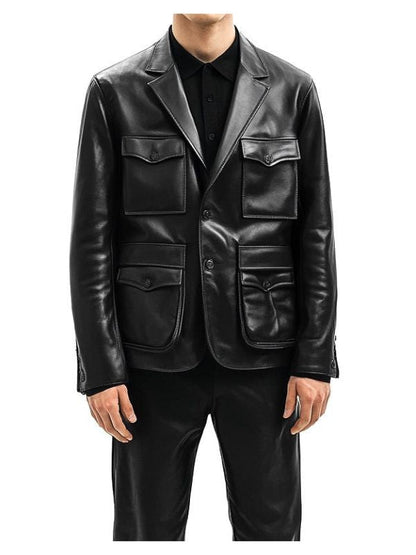 Men’s Premium Black Leather Blazer with Flap Pockets