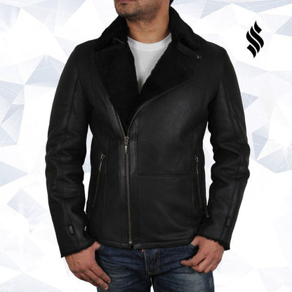 Mens Luxury Aviator Black Leather Shearling Sheepskin Flying Coat