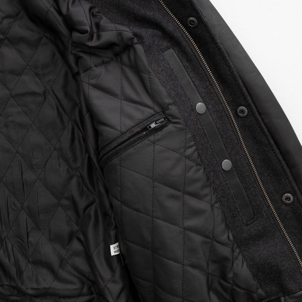 Men's Whet Blu NYC varsity bomber jacket close view with button pockets