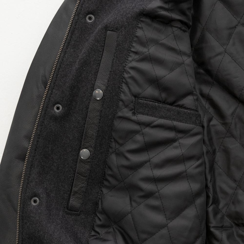 Whet Blu NYC men's varsity bomber jacket with button pocket detail, front view