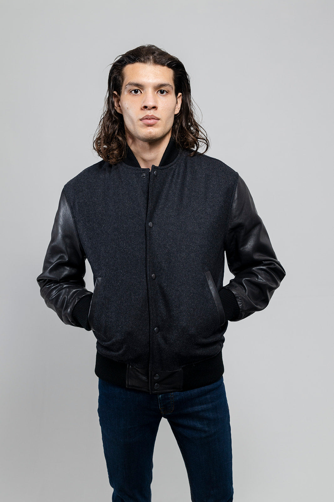Whet Blu NYC men's varsity bomber jacket, front closed view