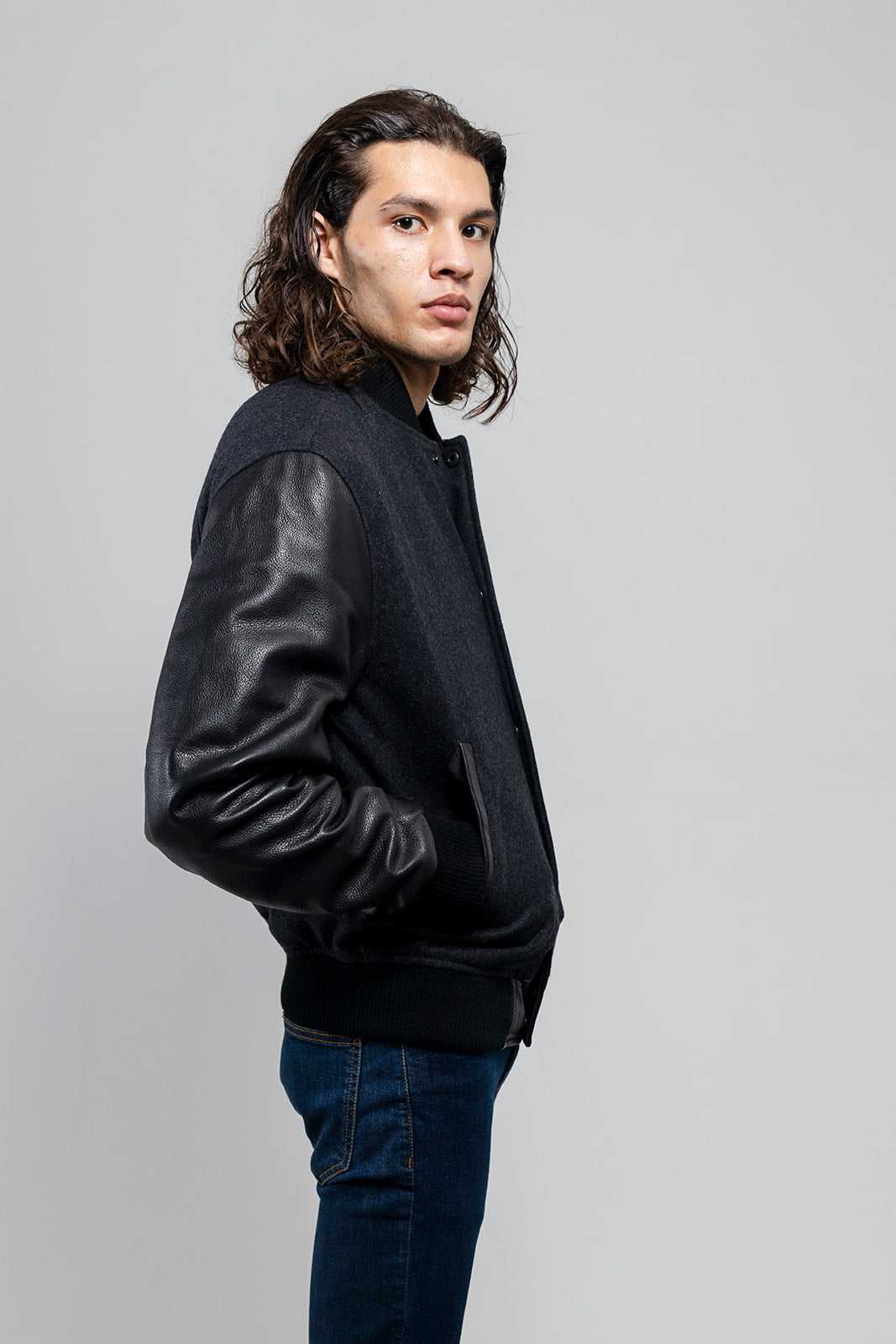 Whet Blu NYC men's varsity bomber jacket side view