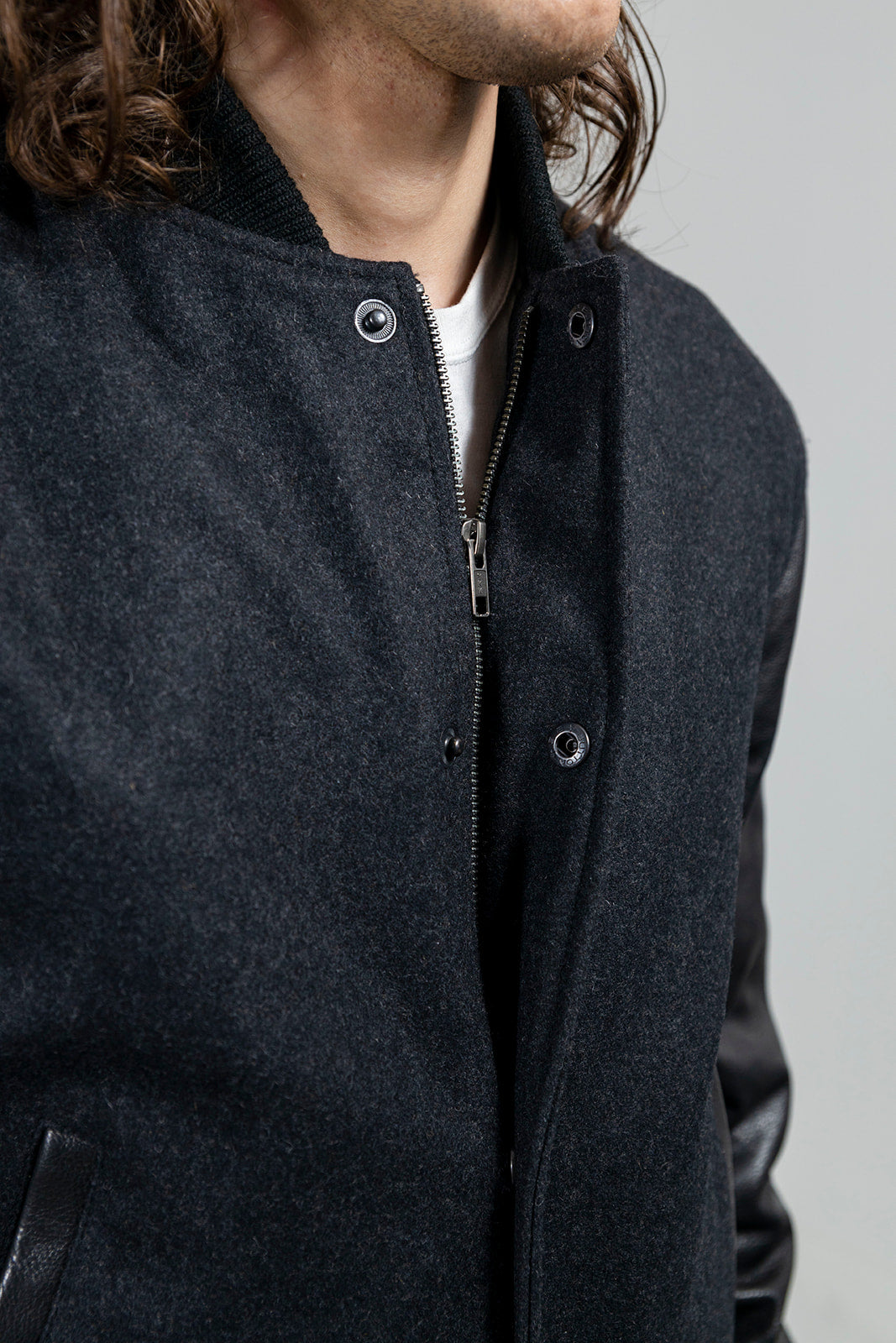 Men's Whet Blu NYC varsity bomber jacket, upper zip view
