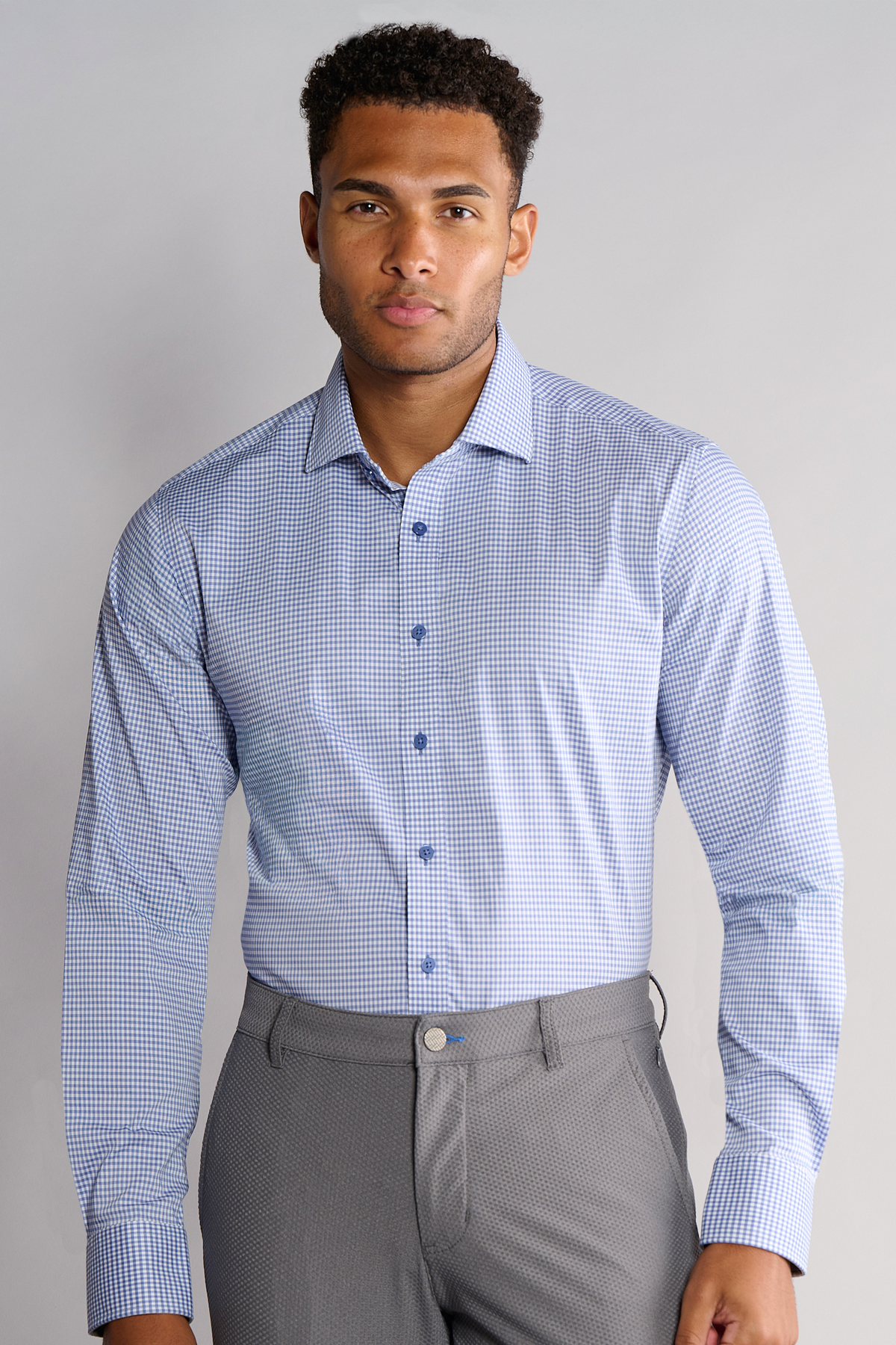 Men's Twillory Leader Non-Iron Check shirt in micro blue fabric, featuring a classic check pattern and button-down collar.