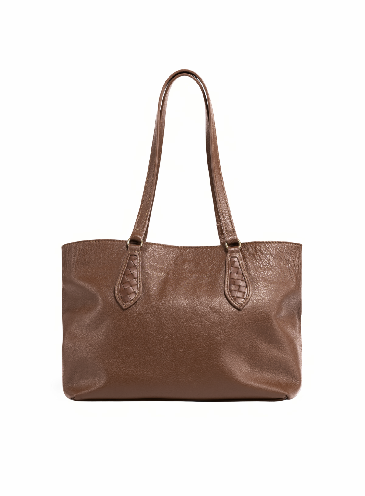 Deux Mains middle size brown leather tote bag, front view