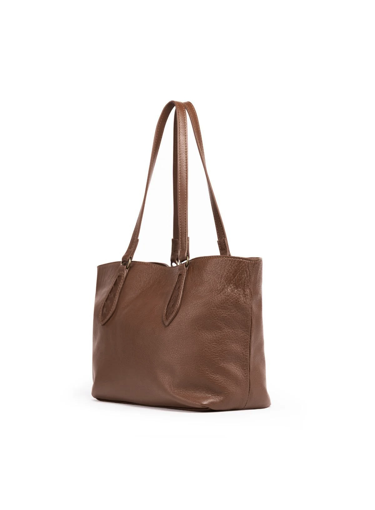 Deux Mains Middle Size Leather Tote in brown, close-up view