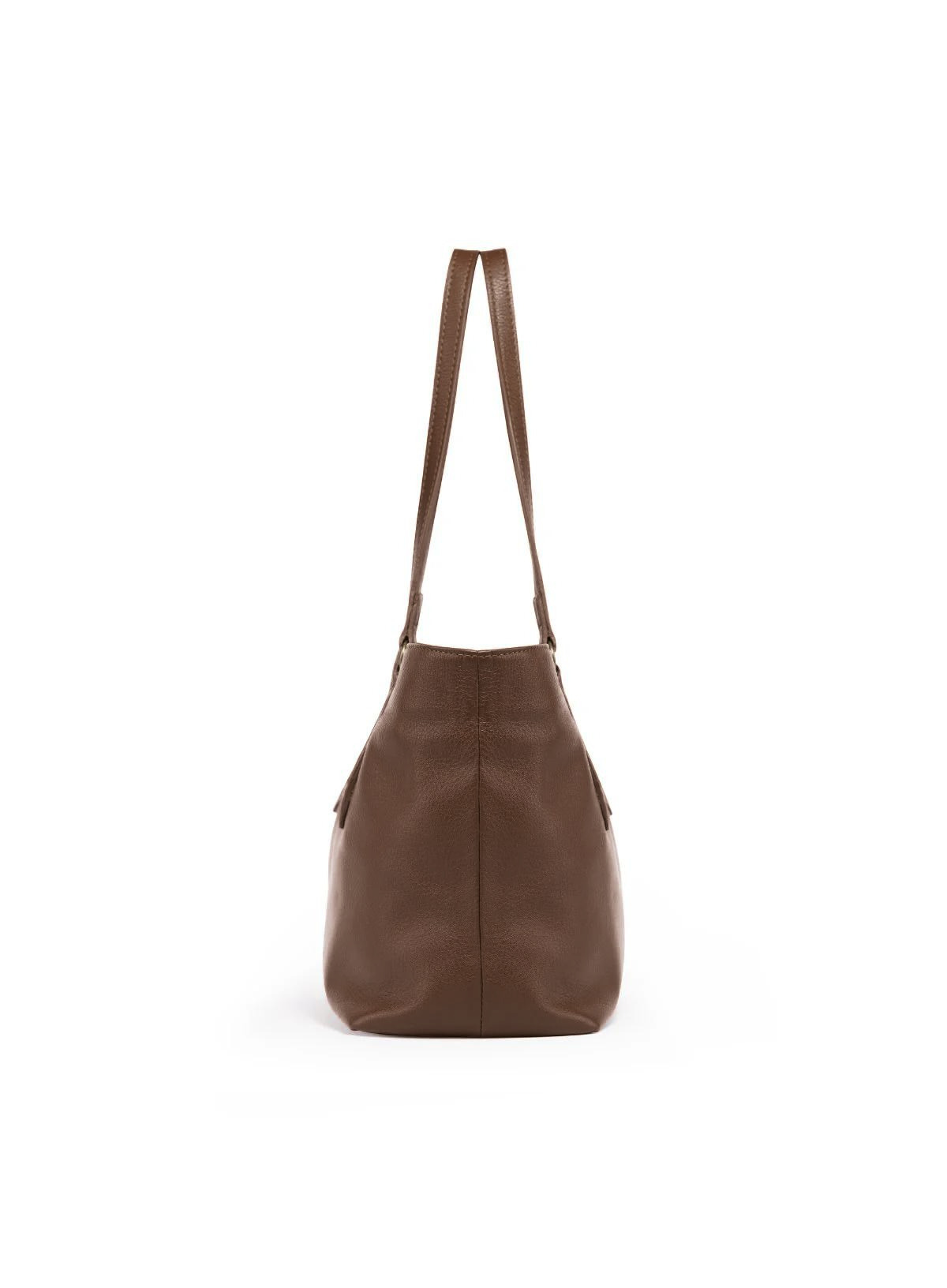 Deux Mains middle size brown leather tote bag, side view