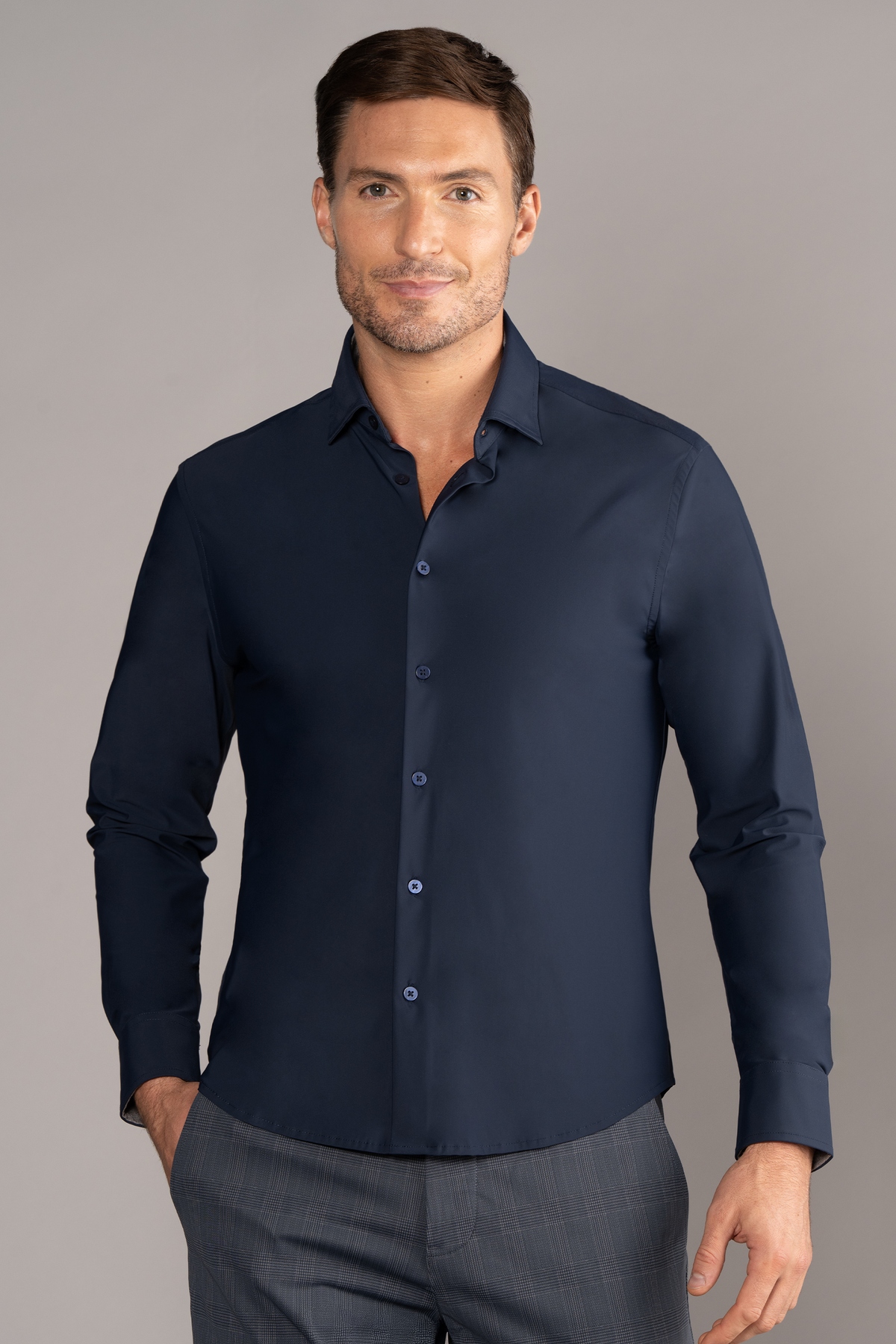 Navy Twillory Event Shirt Solid, men's dress shirt with a classic collar and button-front, displayed on a hanger.