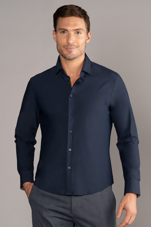 Navy Twillory Event Shirt Solid, men's dress shirt with a classic collar and button-front, displayed on a hanger.
