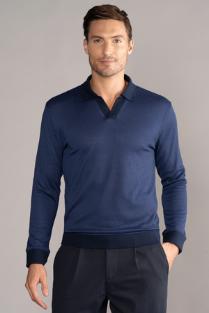 Navy long sleeve sweater polo by Twillory with a classic fit, featuring a collar and button placket, made from soft knit fabric.