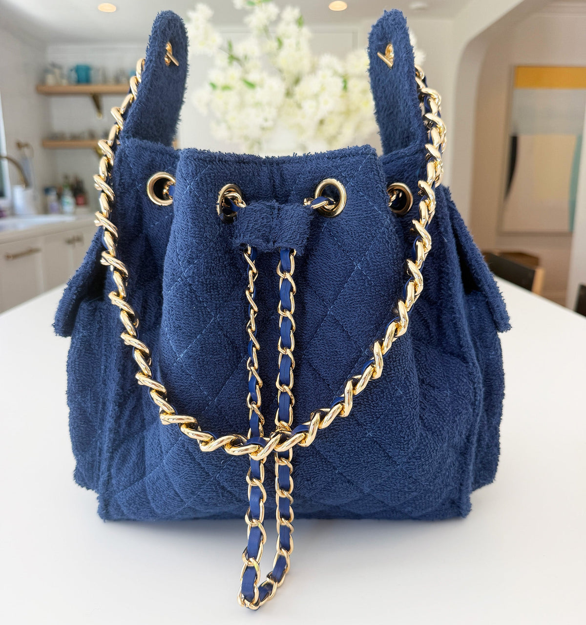 BEACH HAUS Bayshore Bucket Small in navy, compact bucket bag with structured silhouette