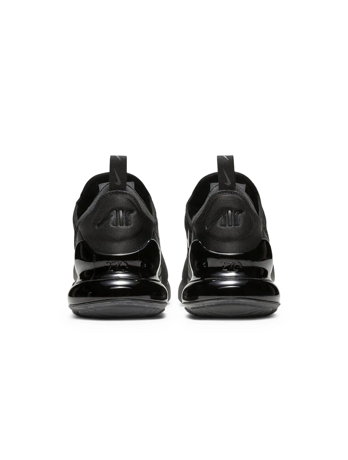 Black Nike Men's Air Max 270 sneaker, side view with visible Air cushioning and mesh upper