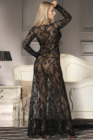 Elegant long lace V-neck gown from 3wishes.com, featuring intricate lace details and a flowing silhouette.