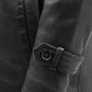Whet Blu NYC Parker men's leather overcoat, close-up view of sleeve and arm detailing